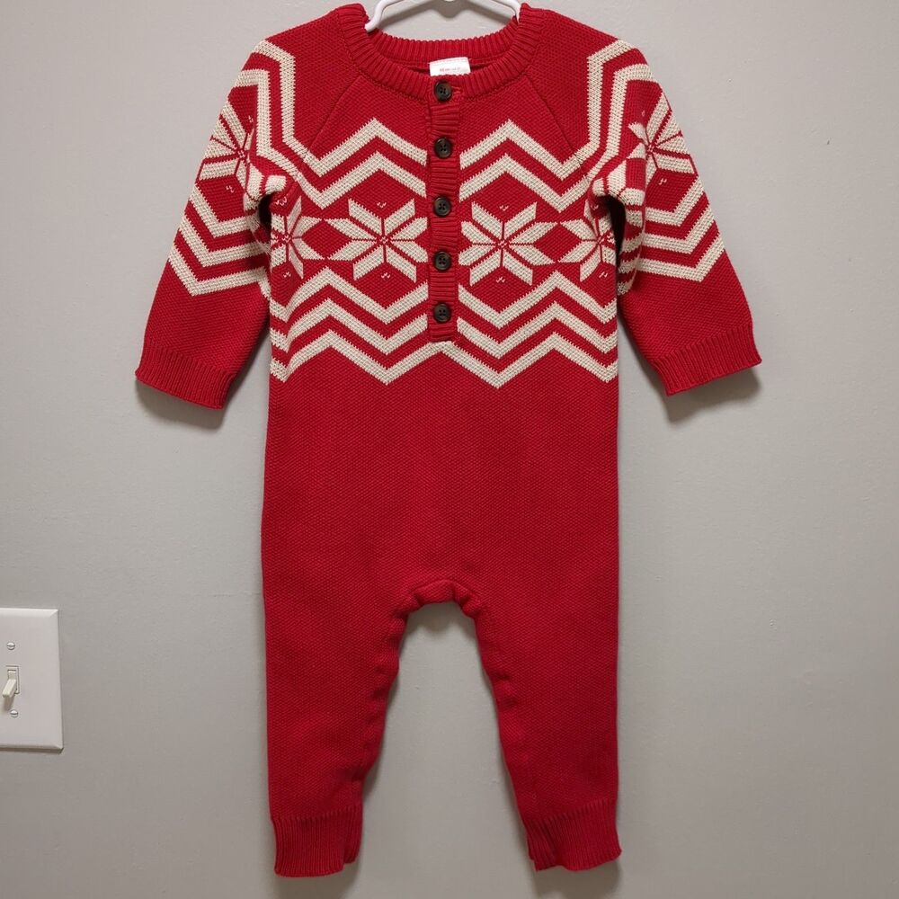 Hanna Andersson Red White Nordic Snowflake Cotton Knit Holiday Romper 85 2T
